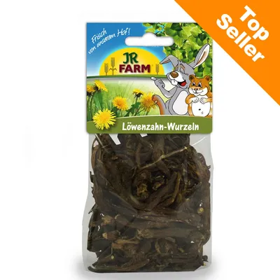 JR Farm Löwenzahn-Wurzeln, balení s kořeny pampelišky, nápis Top Seller v oranžovém rohu. Viditelný text: Frisch von unserem Hof!