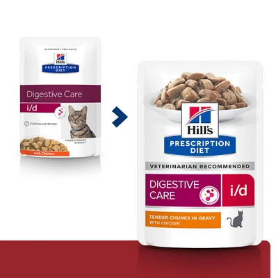 Hill's Prescription Diet Digestive Care i/d Tender Chunks in Gravy with Chicken -kissanruokapakkauksen ulkoasun muutos, näkyvissä vanha ja uusi pakkaus vierekkäin.