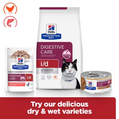 Hill's Prescription Diet Digestive Care i/d száraz- és nedves eledel, csirkével és lazaccal, állatorvosok által ajánlott. Különböző fajták láthatók.