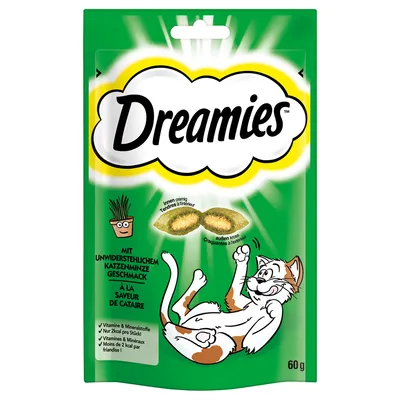 Dreamies, snack para gatos con sabor a catnip, 60 g. Exterior crujiente, interior cremoso. Contiene vitaminas y minerales. Menos de 2 kcal por unidad. Texto en alemán y francés.