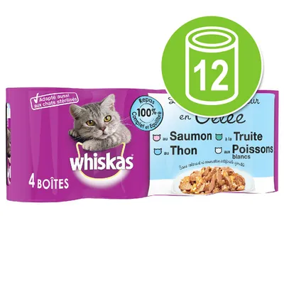 Whiskas cat food, 4 cans, 100% balanced, varieties: salmon, tuna, trout, white fish. Suitable for sterilised cats. Pack with green '12' symbol.