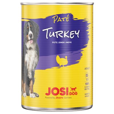 Консерва JosiDog Paté Turkey для взрослых собак, индейка. Надписи: PUTE | DINDE | INDYK, 100% climate neutral, Made in Germany, Powered by Josera Germany.