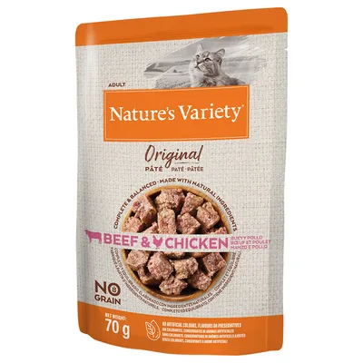 Sachet Nature’s Variety Original pâté pour chat adulte, bœuf et poulet, sans céréales, 70 g. Texte visible : No grain, Beef & Chicken, made with natural ingredients.