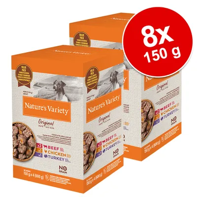 Nature's Variety Original pašté pro psy, balení 8×150 g. Viditelné příchutě: 2× beef, 1× chicken, 1× turkey. NO GRAIN. Na obalu obrázek psa a porce krmiva.