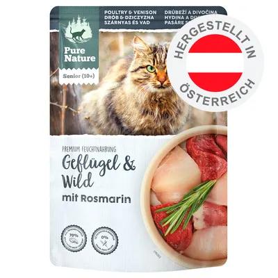 Pure Nature Senior (10+), Premium Feuchtnahrung Geflügel & Wild mit Rosmarin, hergestellt in Österreich, getreidefrei, 70% tierische Zutaten. Pure Nature Senior (10+), Premium Feuchtnahrung Geflügel & Wild mit Rosmarin, hergestellt in Österreich, getreidefrei, 70% tierische Zutaten.