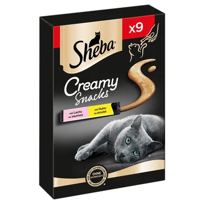 Sheba Creamy Snacks x9, lazaccal és csirkével, hozzáadott cukor nélkül, mesterséges színezék és aroma nélkül.