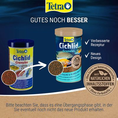 Tetra Cichlid Granules mit verbessertem Rezept, neuem Design und natürlichen Inhaltsstoffen. Hinweis: Übergangsphase möglich, altes Produkt könnte noch erhältlich sein.