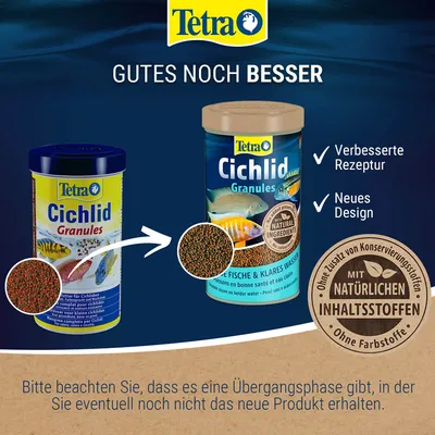 Tetra Cichlid Granules mit verbessertem Rezept, neuem Design und natürlichen Inhaltsstoffen. Hinweis: Übergangsphase möglich, altes Produkt könnte noch erhältlich sein. Tetra Cichlid Granules mit verbessertem Rezept, neuem Design und natürlichen Inhaltsstoffen. Hinweis: Übergangsphase möglich, altes Produkt könnte noch erhältlich sein.