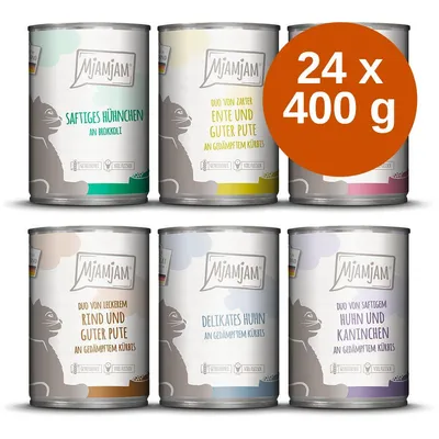 Mjamjam macskaeledel válogatás, 24 x 400 g. Látható ízek: saftiges Hühnchen an Brokkoli, Ente und gute Pute, Rind und gute Pute, delikates Huhn, Huhn und Kaninchen. Mjamjam macskaeledel válogatás, 24 x 400 g. Látható ízek: saftiges Hühnchen an Brokkoli, Ente und gute Pute, Rind und gute Pute, delikates Huhn, Huhn und Kaninchen.