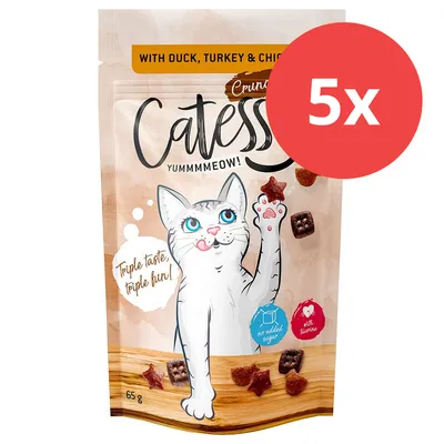 Catess Crunchy Snacks s kachnou, krůtou a kuřetem, 65g. Bez přidaného cukru, s taurinem. Balení zobrazuje kočku a tvary snacků. Poznámka: obsahuje 5 balení.