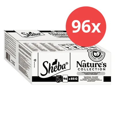 Sheba Nature's Collection, 96 x 85g. Feine Auswahl in Sauce. Nachhaltigkeitszertifikat MSC. Verpackung mit Produktdetails sichtbar.