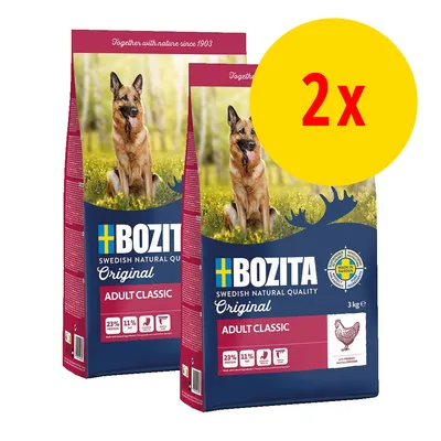 Lot de 2 sacs Bozita Original Adult Classic pour chien, 3 kg chacun. Texte visible : 23 % protéines, 11 % matières grasses, poulet frais, fabriqué en Suède. Lot de 2 sacs Bozita Original Adult Classic pour chien, 3 kg chacun. Texte visible : 23 % protéines, 11 % matières grasses, poulet frais, fabriqué en Suède.