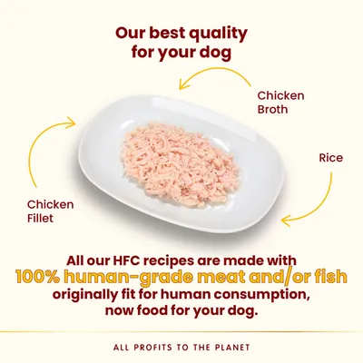 Chicken fillet, chicken broth and rice on a plate. Text: Our best quality for your dog. All our HFC recipes are made with 100% human-grade meat and/or fish. All profits to the planet.