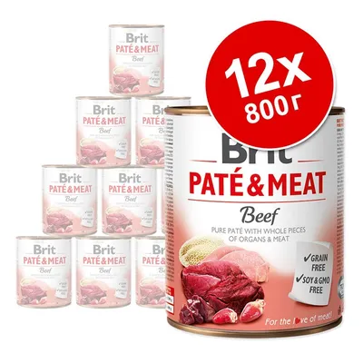 Комплект 12 консерви Brit Paté & Meat Beef, 800 г. Видими надписи: Grain free, Soy & GMO free. На етикета има изображение на месо и органи.