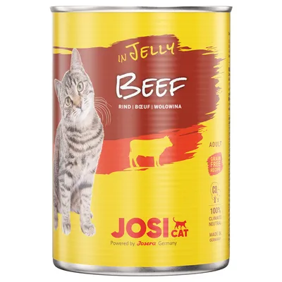 Konzerva JosiCat In Jelly Beef, obrázek kočky, text: Rind | Bœuf | Wołowina, Adult, Grain Free Recipe, 100% Climate Neutral, Made in Germany, Powered by Josera Germany.