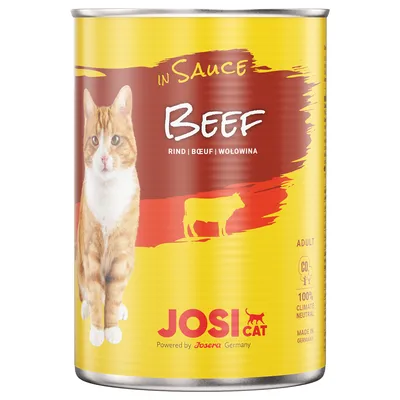 Konzerva JosiCat In Sauce Beef, obrázek kočky, text: Rind | Boeuf | Wołowina, Adult, 100% Climate Neutral, Made in Germany, Powered by Josera Germany.