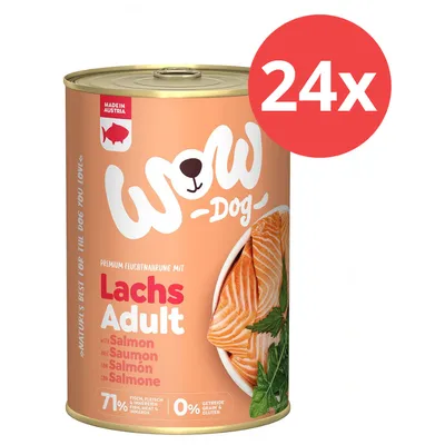 WOW Dog Premium Feuchtnahrung Lachs Adult, Made in Austria, 71% Fleisch & Innereien, 0% Getreide, Packung mit 24 Dosen. WOW Dog Premium Feuchtnahrung Lachs Adult, Made in Austria, 71% Fleisch & Innereien, 0% Getreide, Packung mit 24 Dosen.