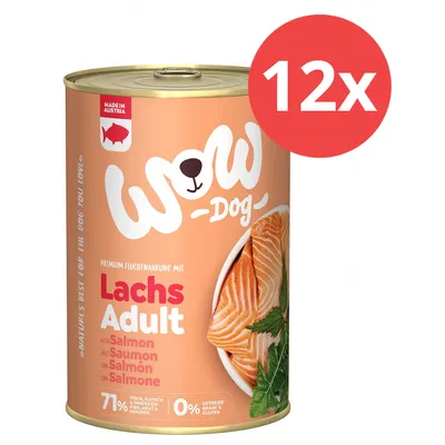 Wow Dog Premium Feuchtnahrung Lachs Adult, Made in Austria, 71% Frischfleisch & Innereien, 0% Getreide, Packung mit 12 Dosen.