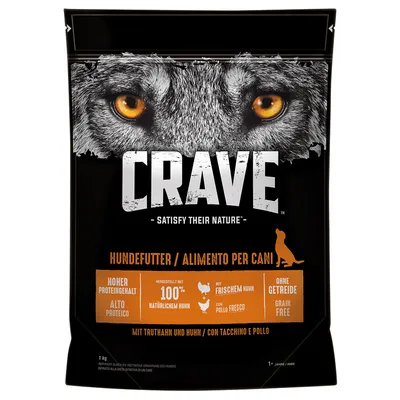 CRAVE alimento per cani, alto proteico, con tacchino e pollo fresco, senza cereali, 1 kg. Testo visibile: '100% naturale', 'grain free', 'alto proteico'.