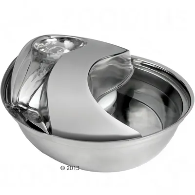 Drinking fountain made of stainless steel with flowing water and modern design, suitable for pets.