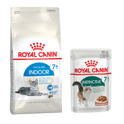 Zestaw Royal Canin Sterilised: duża torba suchej karmy i 16 saszetek mokrej karmy dla kotów, widoczne logo oraz symbol procentu oznaczający promocję.