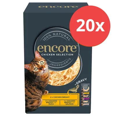 Encore Chicken Selection, 100% ingrédients naturels, 20 sachets : 2x filet de poulet, 2x filet de poulet avec canard, 1x filet de poulet avec saumon en sauce. Emballage avec chat. Encore Chicken Selection, 100% ingrédients naturels, 20 sachets : 2x filet de poulet, 2x filet de poulet avec canard, 1x filet de poulet avec saumon en sauce. Emballage avec chat.