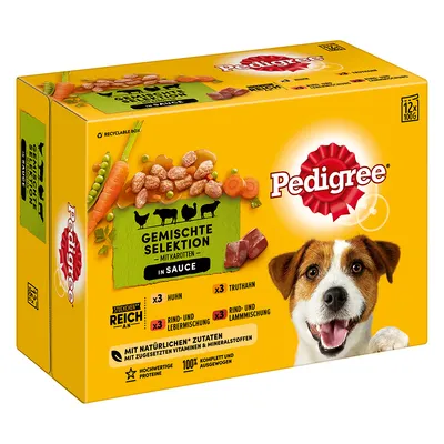 Boîte Pedigree Gemischte Selektion mit Karotten in Sauce, 12 x 100 g. Texte visibles en allemand sur les ingrédients et variétés : poulet, dinde, bœuf, agneau, carottes. Photo de chien.