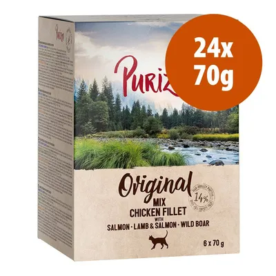 Purizon Original Mix Chicken Fillet with Salmon, Lamb & Salmon, Wild Boar per gatti, confezione 24x70g. Testo visibile: 14% chicken fillet, 6x70g.