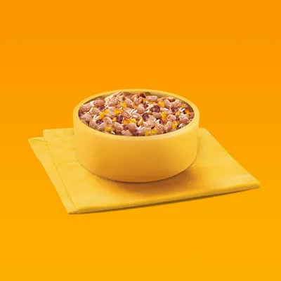 Cuenco amarillo con mezcla de pienso seco de trozos de carne y dados de verduras sobre paño amarillo, fondo naranja.