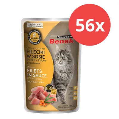 Sunek Benek filets en sauce avec dinde et argousier, adapté aux chats stérilisés. 88 % d’ingrédients d’origine animale, 56 paquets. Sunek Benek filets en sauce avec dinde et argousier, adapté aux chats stérilisés. 88 % d’ingrédients d’origine animale, 56 paquets.