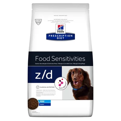 Hill's Prescription Diet Food Sensitivities z/d Mini Original, visible dog image, S+OX Shield badge, ActivBiome+, clinical nutrition text on packaging.