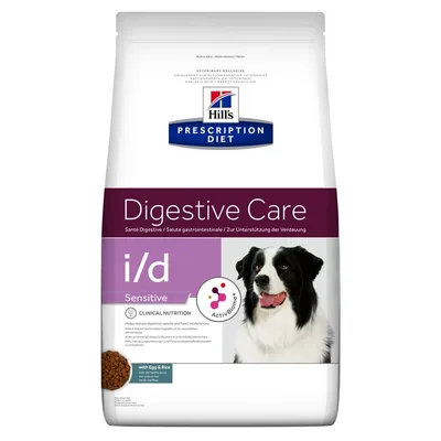 Упаковка корма для собак Hill's Prescription Diet Digestive Care i/d Sensitive с яйцом и рисом, изображение собаки на передней части, видны надписи на английском языке.