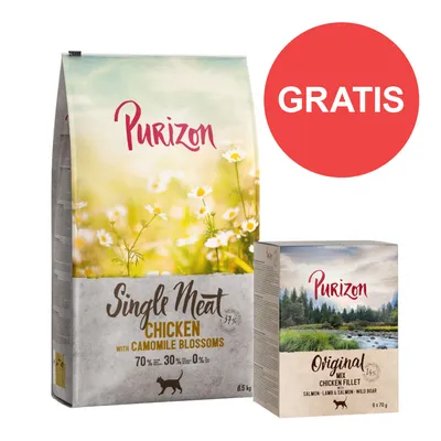 Purizon Single Meat Chicken with Camomile Blossoms 6,5 kg e Purizon Original Mix Chicken Fillet 6 x 70 g. Etichetta rossa con scritta 'GRATIS'.