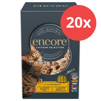 Encore Chicken Selection in Jelly, 100% natürliche Zutaten. Inhalt: 20x Portionsbeutel mit Huhn, Ente und Thunfisch. Verpackung zeigt Katze und Produktabbildungen.