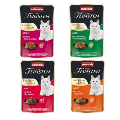 Animonda Vom Feinsten Feines mit Filets Adult Katzenfutter in vier Sorten: Kalb + Hühnchenfilet, Kaninchen + Hühnchenfilet, Rind + Putenfilet, Ente + Putenfilet.