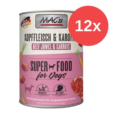 MAC's Hundefutter Kopffleisch & Karotten, Super Food for Dogs, getreidefrei, 94% Rind, Alleinfuttermittel für ausgewachsene Hunde. Made in Germany. Packung mit 12 Dosen.