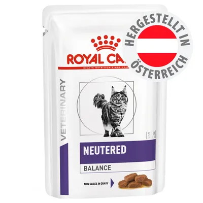Royal Canin Veterinary Neutered Balance, hergestellt in Österreich, Beutel mit Abbildung einer Katze und Futterstücken, Aufschrift: Thin slices in gravy.
