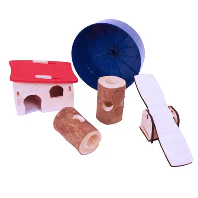 Set of small animal cage accessories including a wooden house, two hollow logs, a blue exercise wheel and a white ramp bridge, all shown on a plain background.
