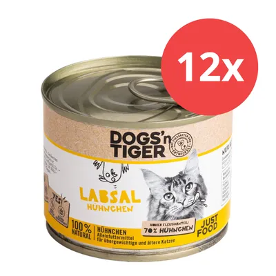 Dogs'n Tiger Labsal pollo, 12x lata, 100% natural, alto contenido de carne 70% pollo, alimento completo para gatos con sobrepeso y mayores.
