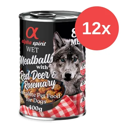 Alpha Spirit Wet Meatballs mit Rotwild und Rosmarin, 400g Dose, getreidefrei, glutenfrei, 12x Packung. Vollwertiges Hundefutter.