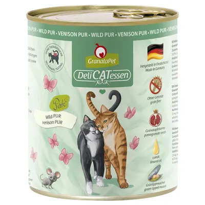 GranataPet DeliCATessen Wild PUR пастет. Без тестове върху животни, произведен в Германия, без зърнени, с нарови семена, ленено масло и зеленоуста мида.