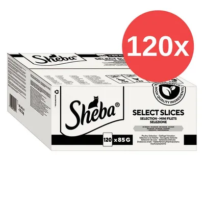 Sheba Select Slices, Geflügelvariation in Sauce, 120 x 85g. Verpackung mit Hinweis auf hochwertige Zutaten.