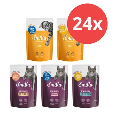 Smilla Chunks in Gravy, 24x85g, variedades: trucha y judías verdes, pollo y zanahorias, salmón y zanahorias, atún y judías verdes, pollo y zanahorias para necesidades especiales.