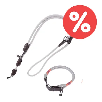 Hundeleine und Halsband aus grauem Seil mit braunen Lederdetails. Rotes Prozent-Symbol für Rabatt sichtbar. Hundeleine und Halsband aus grauem Seil mit braunen Lederdetails. Rotes Prozent-Symbol für Rabatt sichtbar.