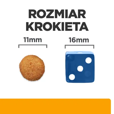 Rozmiar krokieta: średnica 11 mm, porównanie z kostką do gry o boku 16 mm. Widoczne oba przedmioty obok siebie.