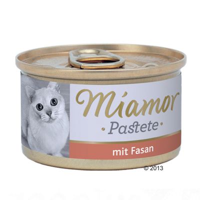 Miamor Pastete mit Fasan dåse med billede af kat på etiketten. Synlig tekst: Miamor Pastete mit Fasan.
