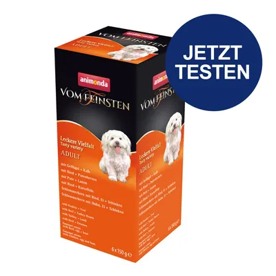Animonda Vom Feinsten Adult Leckere Vielfalt, 6x150g. Sorten: Geflügel + Kalb, Rind + Putenherzen, Rute + Lamm, Kartoffeln, Rind, Ei + Schinken, Huhn, Ei + Schinken. Jetzt testen.