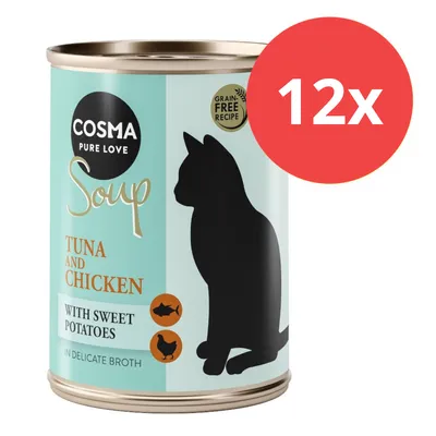 Cosma Soup atún y pollo con batatas en caldo suave, receta sin cereales. La imagen muestra 12 latas.
