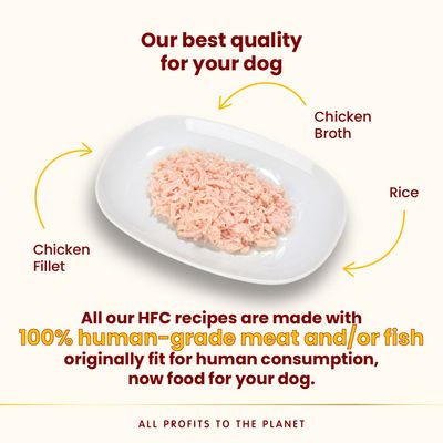 Plate with shredded chicken fillet, rice and chicken broth. Text: Our best quality for your dog. All our HFC recipes are made with 100% human-grade meat and/or fish. All profits to the planet.