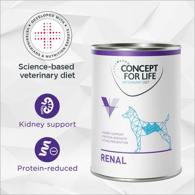 Scatola Concept for Life Veterinary Diet Renal, testo visibile: Kidney support, Protein-reduced, Science-based veterinary diet, Developed with veterinarians & nutrition experts.